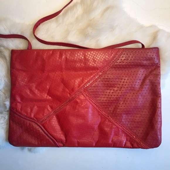 Vintage 80s Large Red Patchwork Leather Envelope Bag Convertible Clutch Xbody - Picture 2 of 6